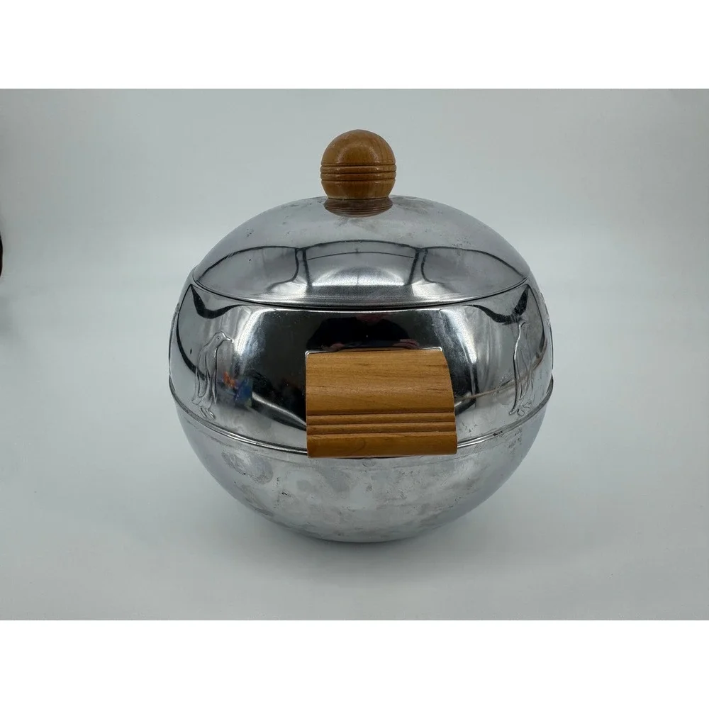Art Deco Chrome Penguin Ice Bucket Hot Cold Server Wood MCM Vintage West Bend
